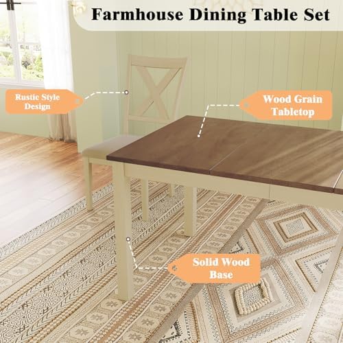 LUXOAK 7-Piece Farmhouse Kitchen Table and Chairs Set for 6, Rustic Cream
