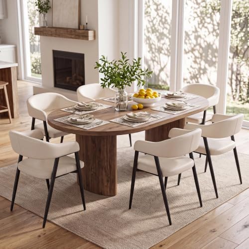 HNY Modern Dining Chairs with Arms Set of 6, Beige Faux Leather Armchairs