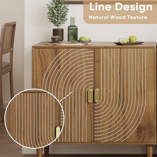 Smuxee Walnut Sideboard Cabinet, Freestanding Buffet Cabinet with Line Groove...