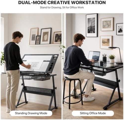 Athena Collection Glass Drafting Table W/Stool, Tilting Art Desk, Black