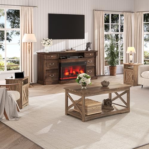 LUXOAK 3 Piece Living Room Table Set with Barn Door, Barnwood | Includes Coff...