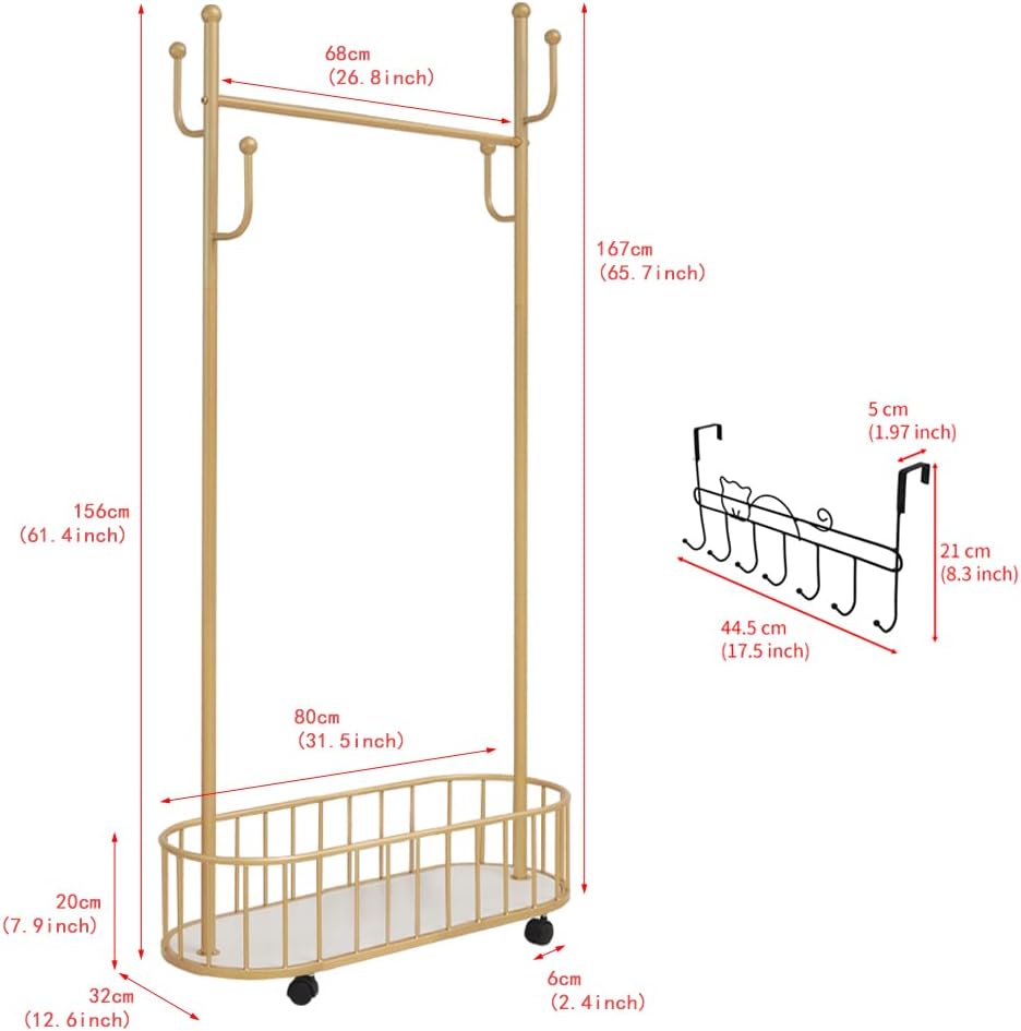 Gold Clothing Rack with Wheels Rolling Clothes Rack with Storage Basket Metal...
