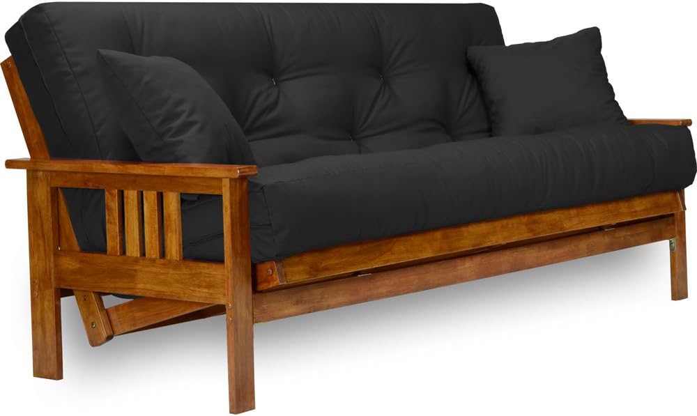 Stanford Futon Set - Queen Size, Frame, 8" Mattress, Twill Black Cover