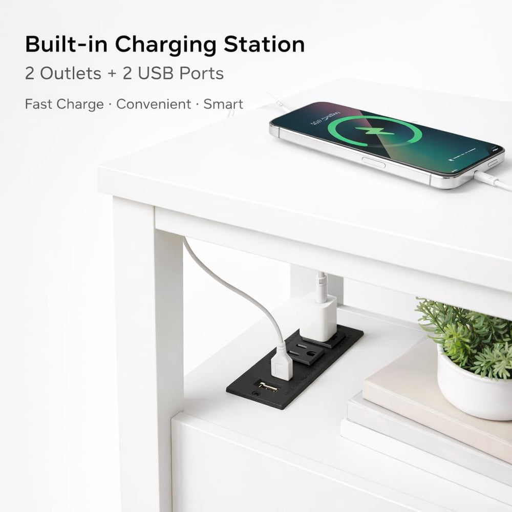 End Table with Charging Station, Nightstand with USB Ports & Outlets, Woo...
