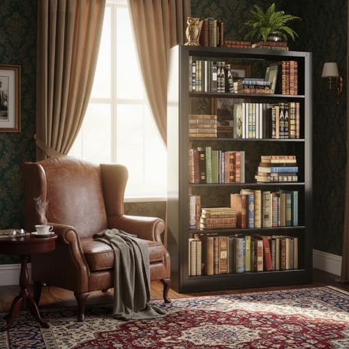 Bookshelf, Heavy Duty Metal Book Shelf, Industrial Bookshelves, 69” Black