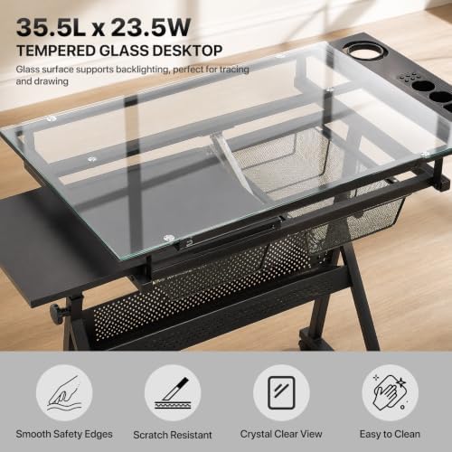 Athena Collection Glass Drafting Table W/Stool, Tilting Art Desk, Black