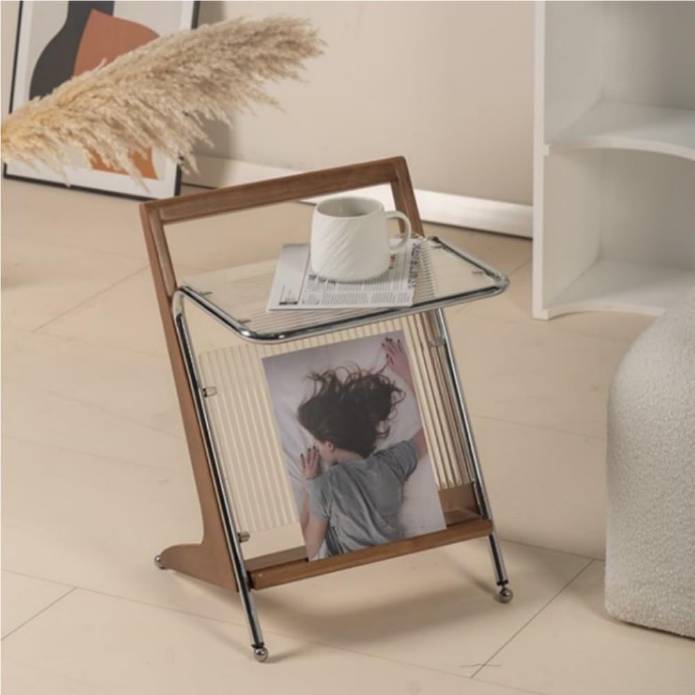 Solid Wood Side Table with Glass Top, Z Shape End Table with Magazine Rack, M...