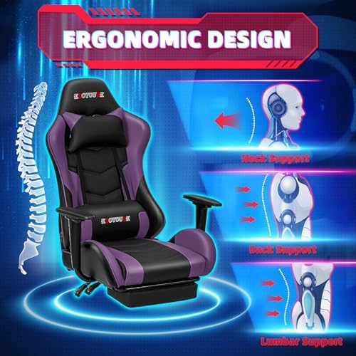 ECOTOUGE Violet Ergonomic PC Massage Gaming Chair with Footrest | Reclining R...