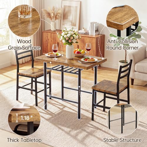 Furmax 3 Piece Kitchen & Dining Room Set, Dining Table Set for 2, Brown