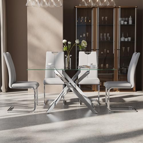 5-Piece Dining Table Set for 4, Modern Rectangular Glass Table with 4 Upholst...