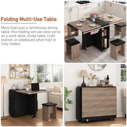 5 PCS Farmhouse Dining Table Set for 4,60" Large Folding Dining Table Se...