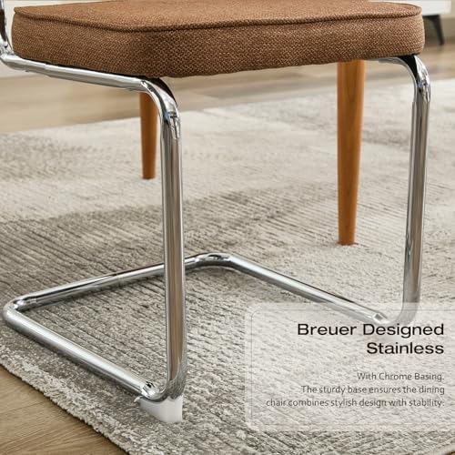 Rattan Back Linen Dining Chair Set of 4 Modern Breuer Designed Stainless Chro...