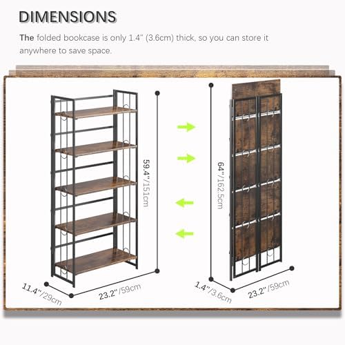 4NM No Assembly 5 Tiers Folding Bookshelf, 59.4" H Foldable Storage Shel...