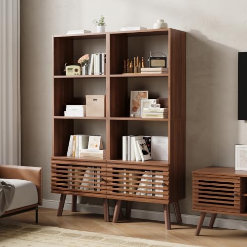 Furnify 4-Tier Narrow Bookcase with Open Shelf and Slatted Door, Walnut