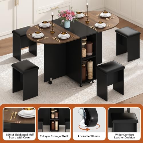 5 PCS Farmhouse Dining Table Set for 4,60" Large Round Folding Dining Ta...