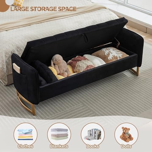 66" End of Bed Storage Bench King Size, Storage Benches for Bedroom, Bla...