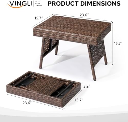 VINGLI Outdoor Folding Rattan Side Table, Portable Wicker End Table for Patio...