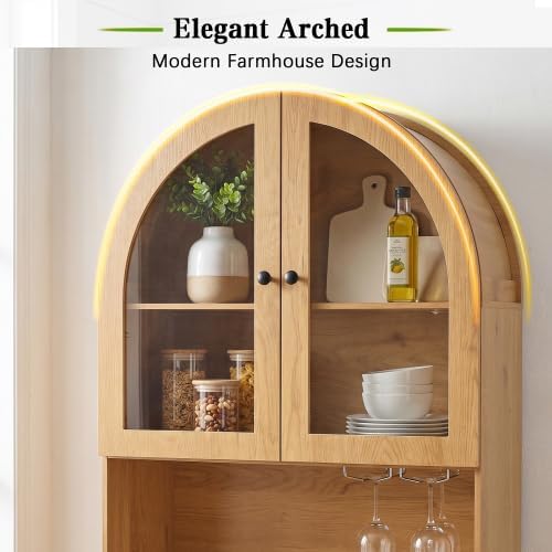 75" Oak Coffee Bar Cabinet Arched Kitchen Pantry Charging Station | Farm...