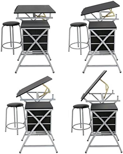 JupiterForce Drafting Table with Tiltable Tabletop and Stool, 3 Storage Drawe...