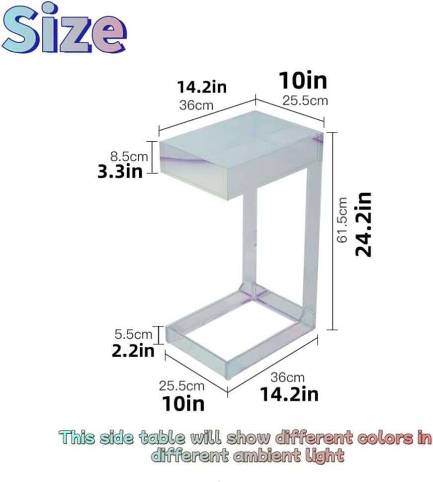 Acrylic Side Table with Integrated Base, Iridescent End Table, C-Shape Nights...