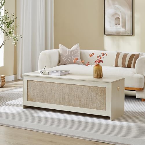 51.2" Storage Chest Large,Wooden Rattan Storage Bench.(White Cream) | St...