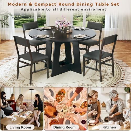 HUAHUU Round Dining Table Set for 4, 5-Piece Kitchen Table and Chairs for 4, ...