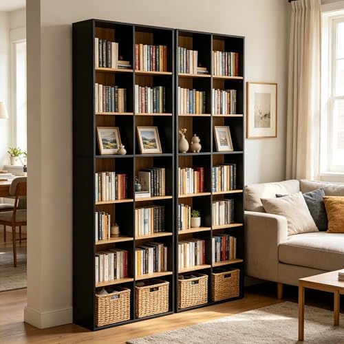71" Tall Shallow Bookcase DVD Storage Shelf, 14 Cubes 7 Tier Narrow Wide...