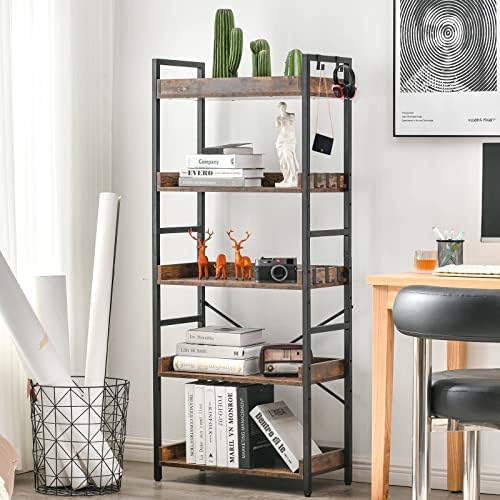 HCHQHS Adjustable 5 Tier Open Bookcase, Rustic Farmhouse Book Shelves, Indust...