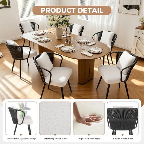 Rope Weaving Dining Chairs Set of 6, Rattan Upholstered Kitchen Chair with Me...