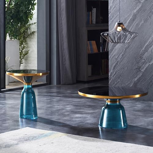 Small Glass Side Table for Living Room – Modern Round End Table with Hand-Blo...