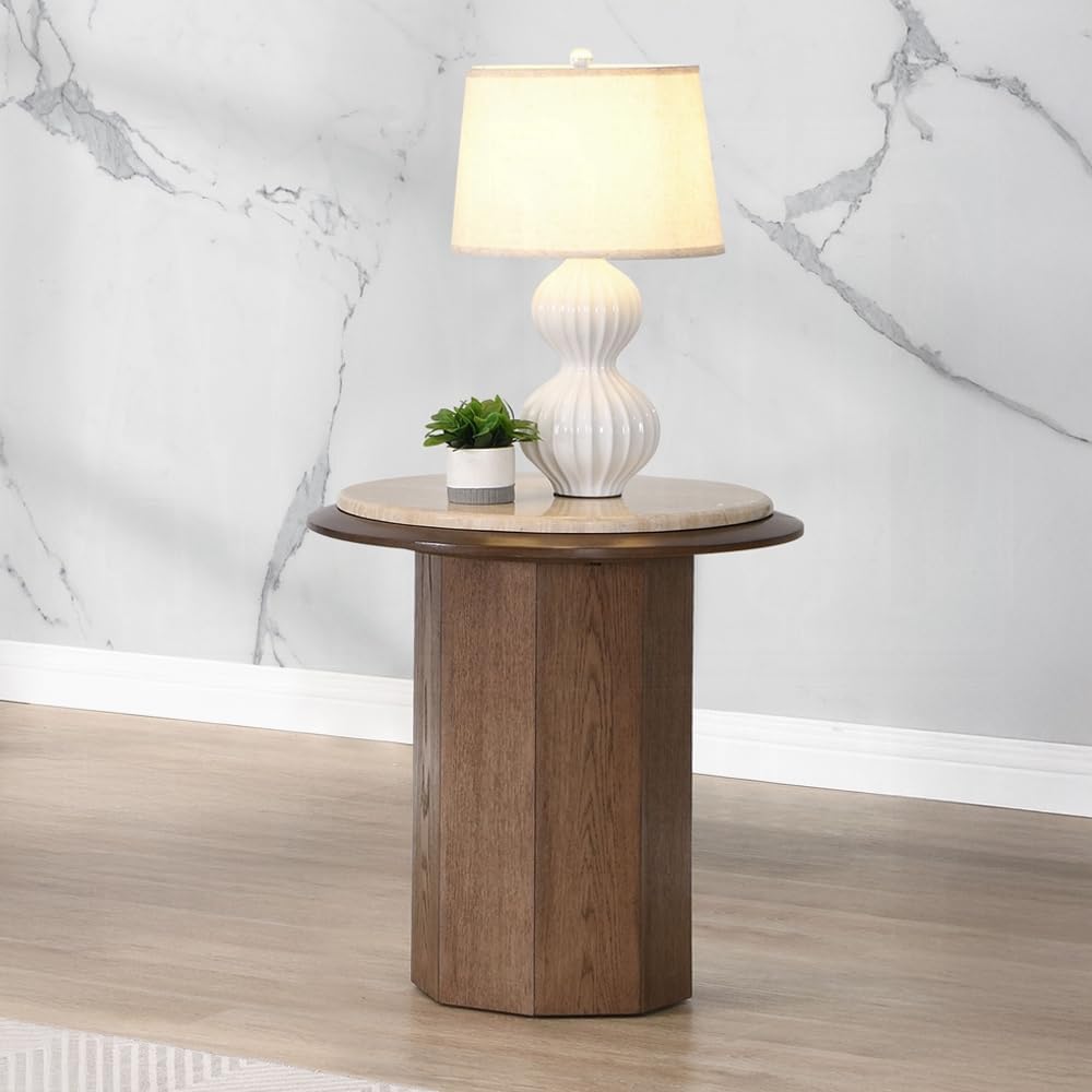 Travertine Top Walnut End Table