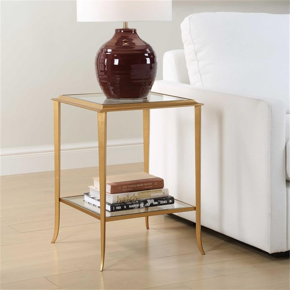Pemberly Row Contemporary End Table, Iron Frame, Radiant Gold Leaf Finish, Be...