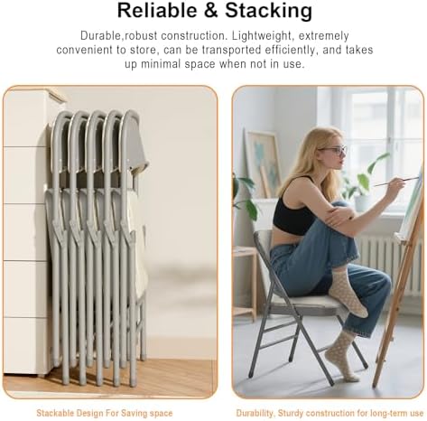 6 Pack Padded Folding Chairs with Fabric Cushion and Back, Oatmeal Stripe | H...