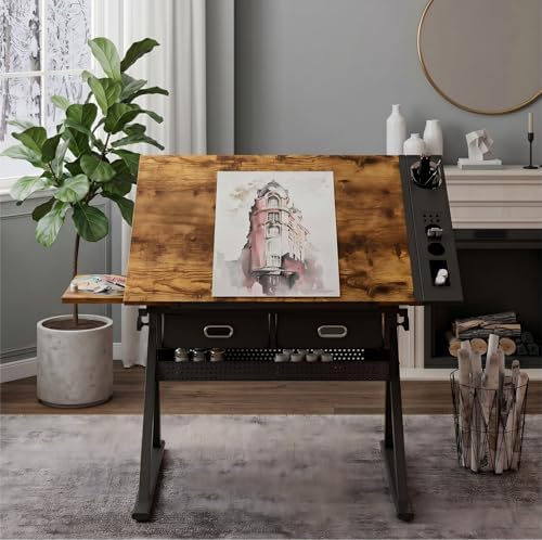 Adjustable Drawing Table with 2 Drawers & Stool, for Art & Work