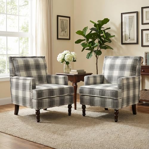 Plaid Accent Chair, Mid-Century Modern Armchair, Upholstered Decorative Readi...
