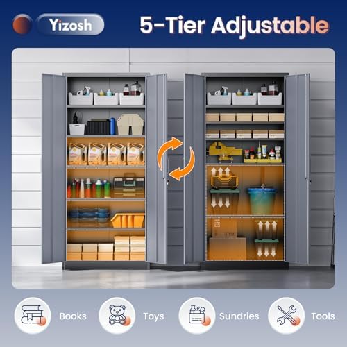 Yizosh Metal Garage Storage Cabinet with 2 Doors and 5 Adjustable Shelves - 7...