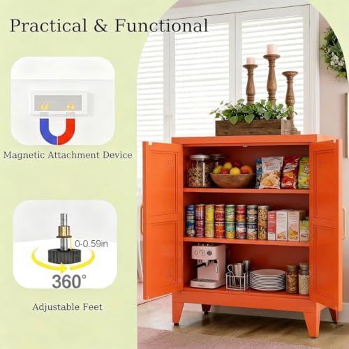 Metal Storage Cabinet with Adjustable Shelves and Doors, Orange