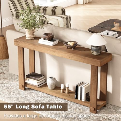 55.1" Long Solid Wood Console Table, Farmhouse Narrow Sofa Table | with ...