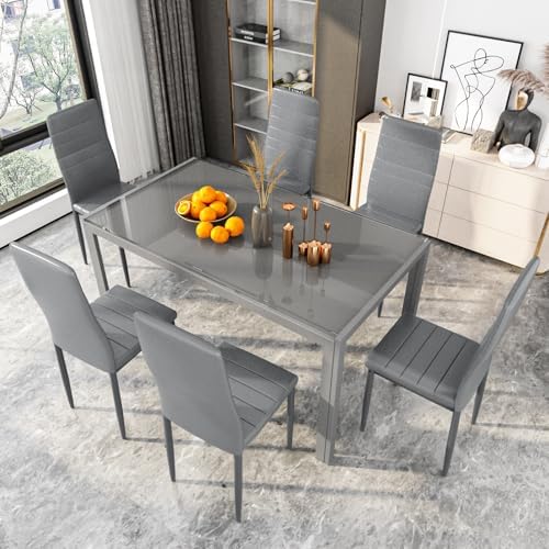 DKLGG Glass Dining Table Set for 6, Modern Kitchen Table with 6 PU Leather Ch...