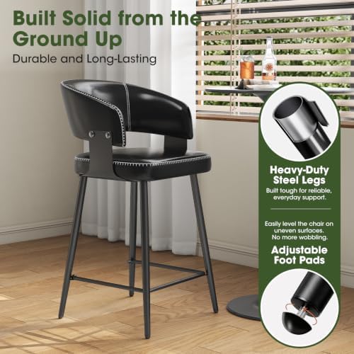26" Counter Height Bar Chairs Set of 2, Padded Island Chairs, Black