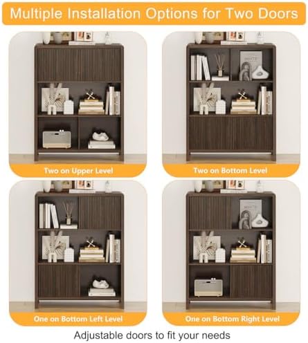 FATORRI Bookshelf with 2 Fluted Wooden Doors, Farmhouse Modern Accent Bookcas...