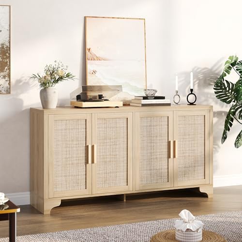 GarveeHome 4-Door Sideboard Buffet Cabinet, Natural Rattan Storage Cabinet, B...