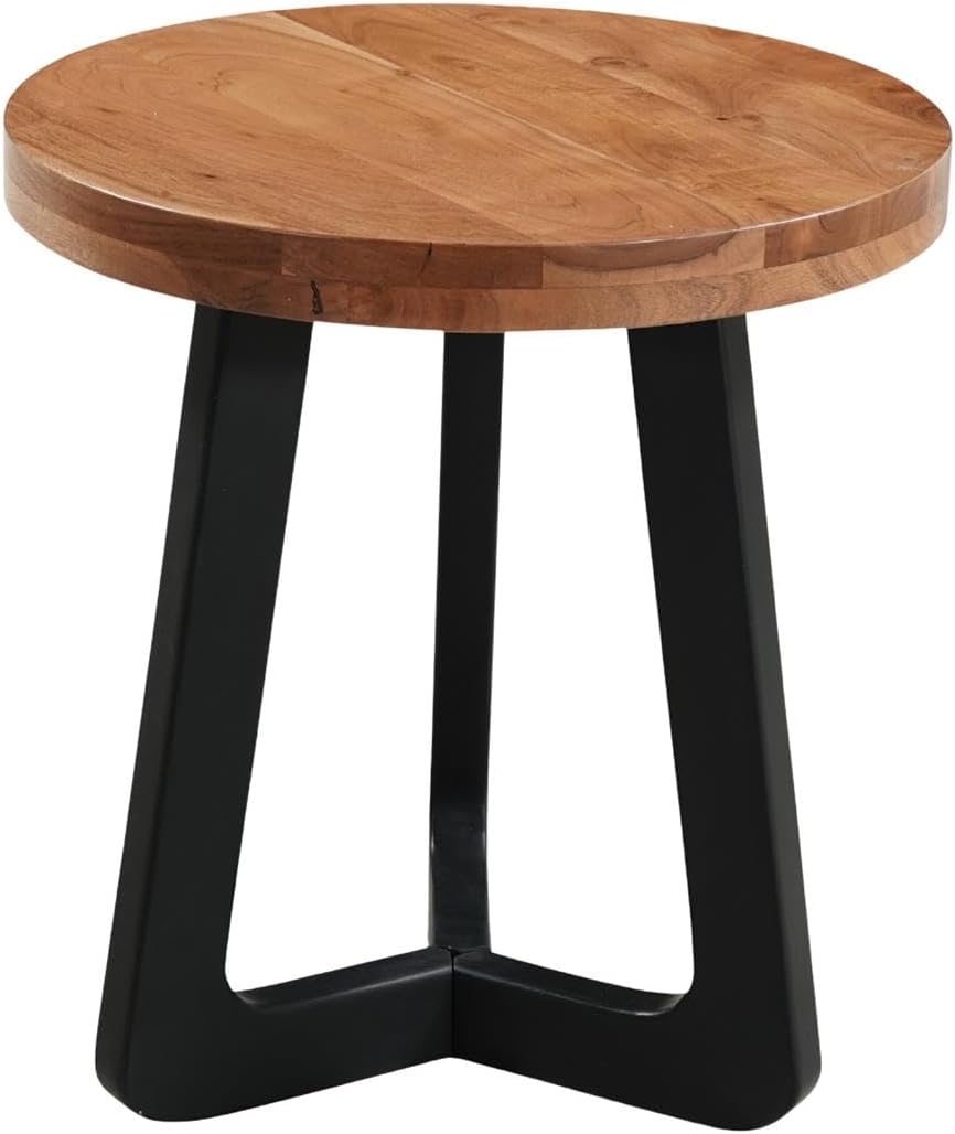 Mason Round Solid Wood End Table with Brown Top and Black Metal Base