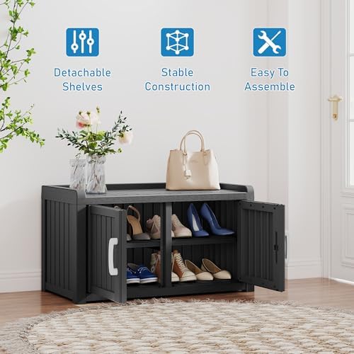2-Tier Storage Bench, Waterproof UV-Resistant Outdoor Shoe Storage Cabinet wi...