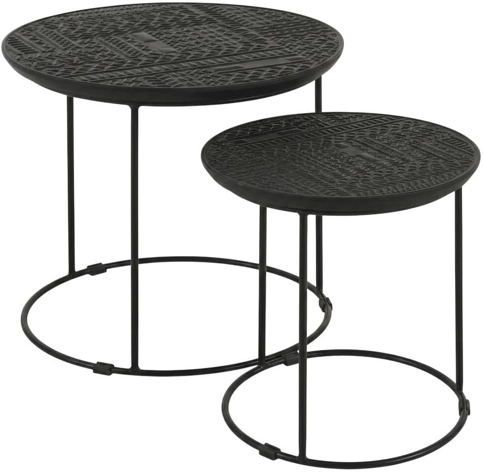 Furnifact Mango Wood Round Nesting Table 2-Piece, Nesting Coffee Table Set fo...