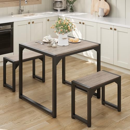 Gizoon Square Dining Table Set for 2, Kitchen Table with 2 Benches Grey