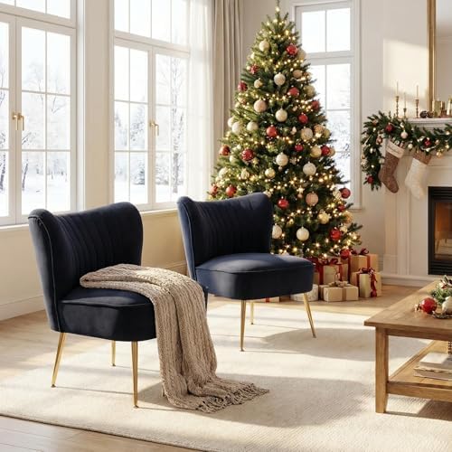 DUOMAY Modern Accent Chair Set of 2 Velvet Slipper Chair with Gold Legs Wingb...