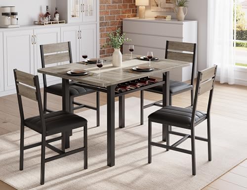 Extendable Dining Table Set for 4 with Shelf Rack&4 PU Leather Chairs Grey