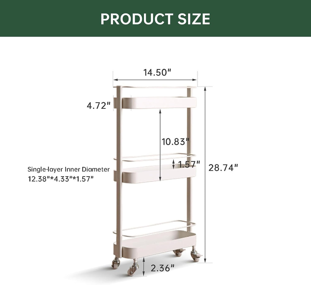 Narrow 3 Tier Rolling Cart, Slim Storage Cart for Bathroom Kitchen | 3 spacio...