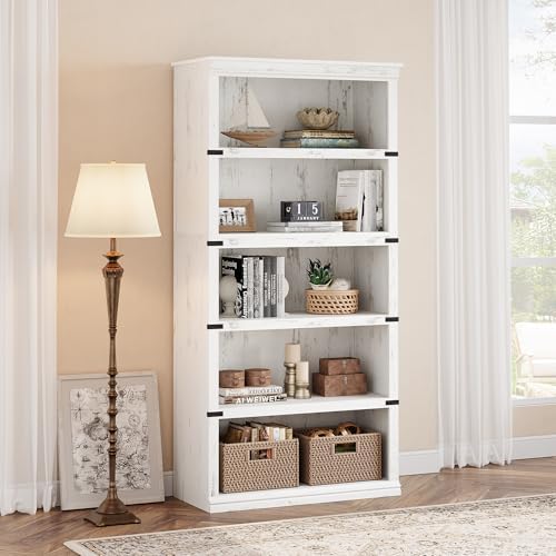 IDEALHOUSE 5 Tier Bookcase, Farmhouse Book Shelf with Storage, Tall Book Case...